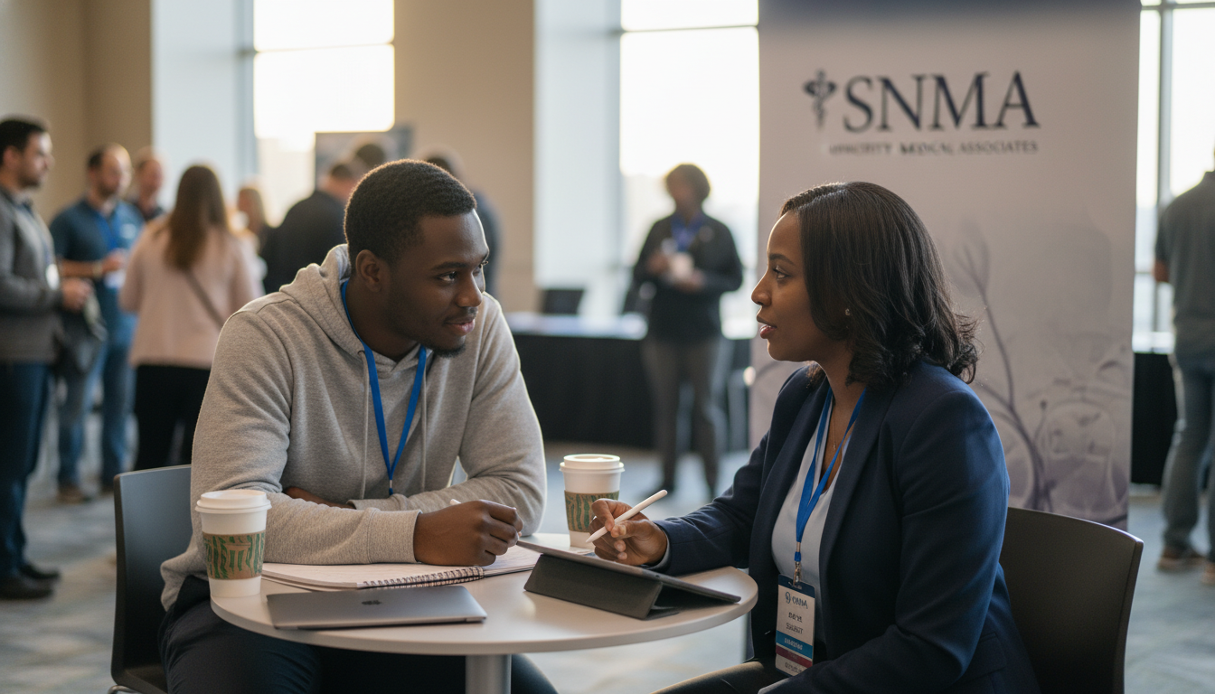 Faculty mentor quietly advising a medical student at a conference Faculty mentor quietly advising a medical student at a conference - for Back‑Channel Mentorship: Tapping Hidden Faculty Netw