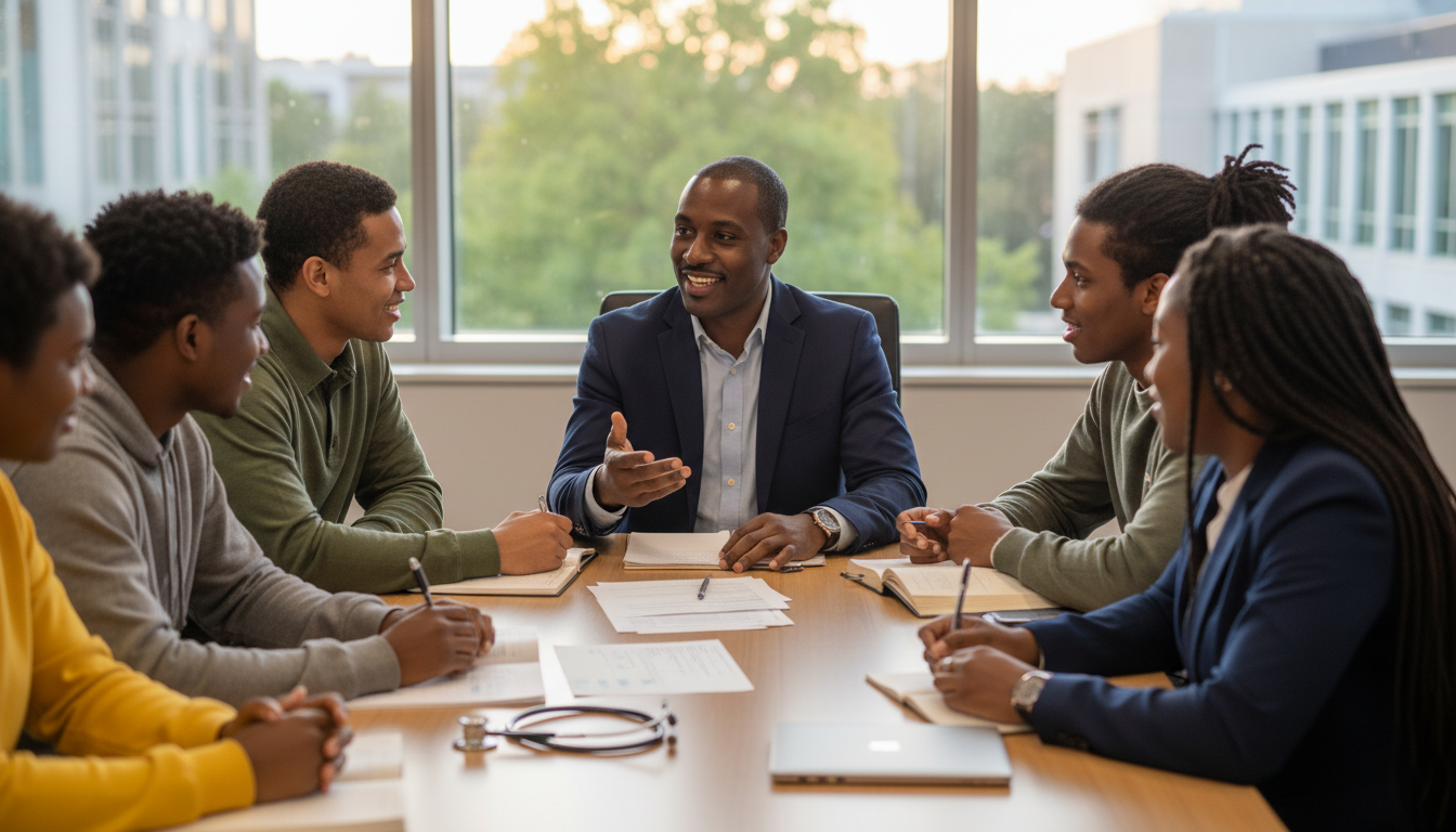 Premed students at a MAPS/SNMA pipeline event talking with a physician Premed students at a MAPS/SNMA pipeline event talking with a physician - for Back‑Channel Mentorship: Tapping Hidden Faculty