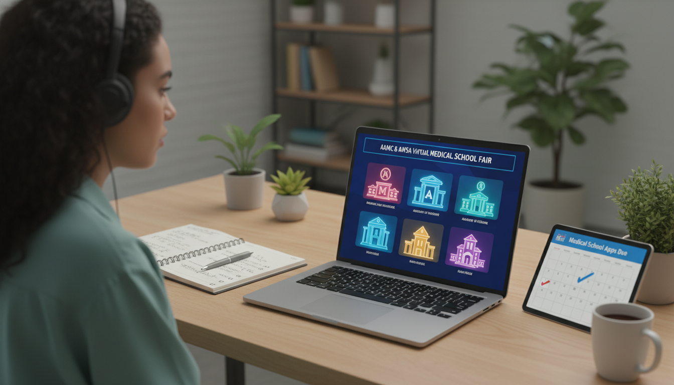 Premed student attending an AAMC virtual medical school fair -  for Commuter or Non‑Traditional Pre‑Med? Using AAMC and AMSA