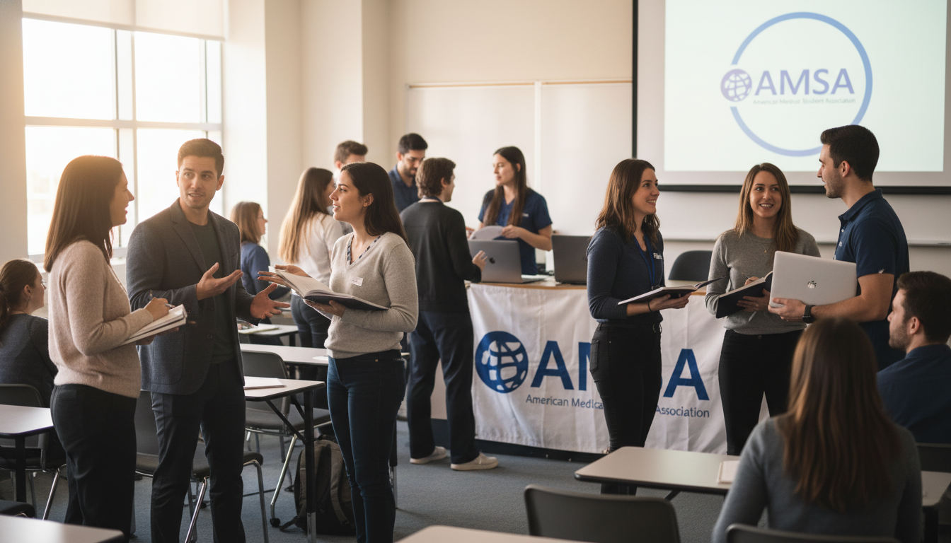 Premed and medical students networking at an AMSA chapter event -  for Creating MCAT and Step Study Groups Through AAMC and A