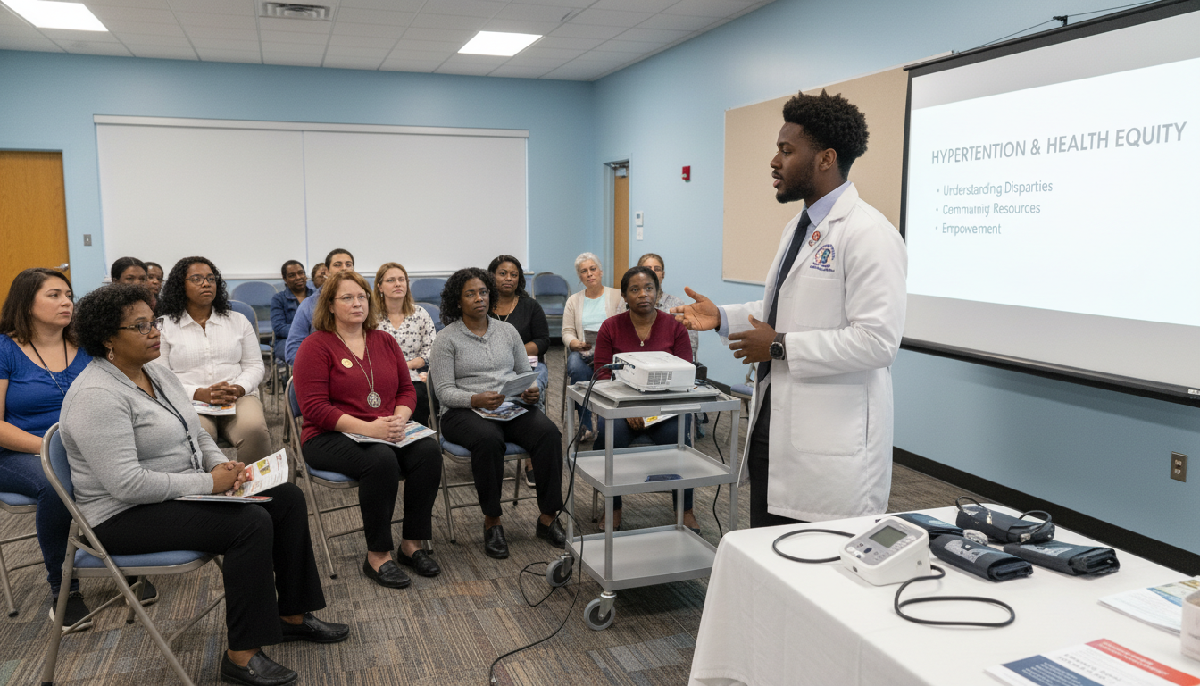 Student-led community health education session in a church hall -  for Designing a High‑Yield Health Equity Project Through S