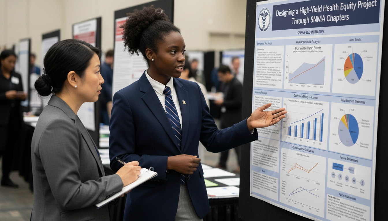 Medical student presenting a health equity poster at a conference -  for Designing a High‑Yield Health Equity Project Through