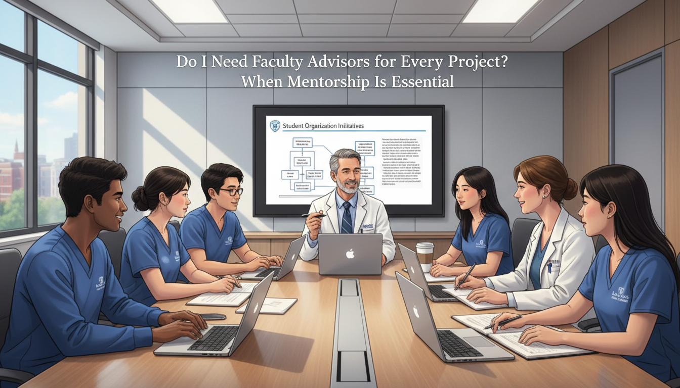 Medical students meeting with a faculty mentor about a student organization project -  for Do I Need Faculty Advisors for Eve