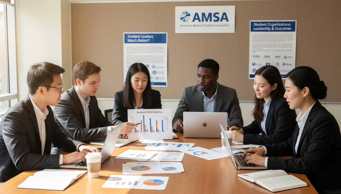 Medical student leaders analyzing match data together -  for Do Student Leaders Match Better? What the Data Say About AMSA Ro