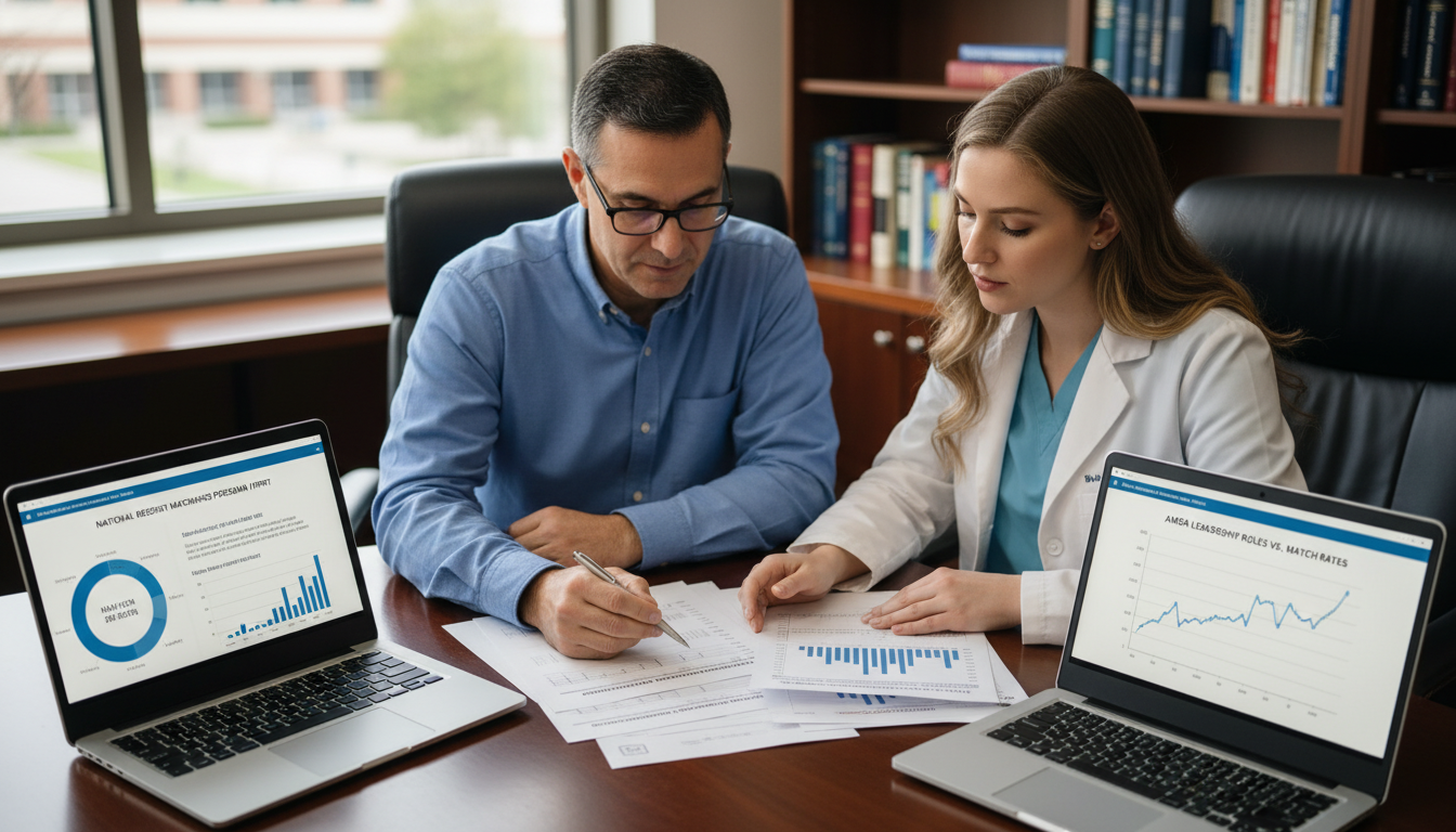 Residency applicants reviewing specialty match statistics -  for Do Student Leaders Match Better? What the Data Say About AMS