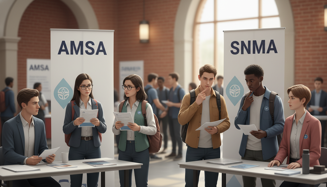 Medical students at an organization fair debating membership benefits -  for Does Paying Dues to AMSA or SNMA Actually Boost