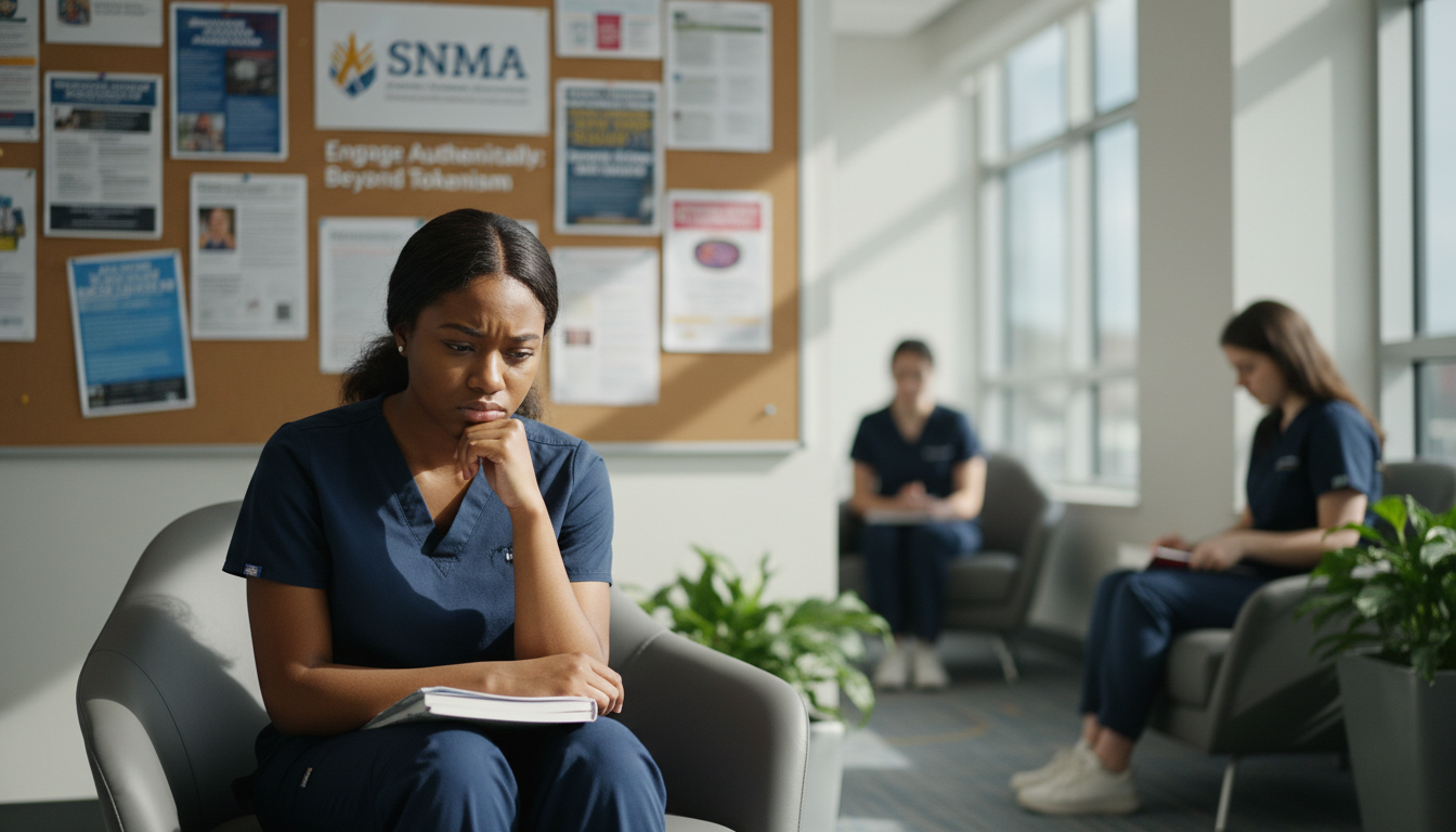 SNMA student quietly reflecting in a medical school lounge -  for Fear of Tokenism in SNMA: How to Engage Authentically as a