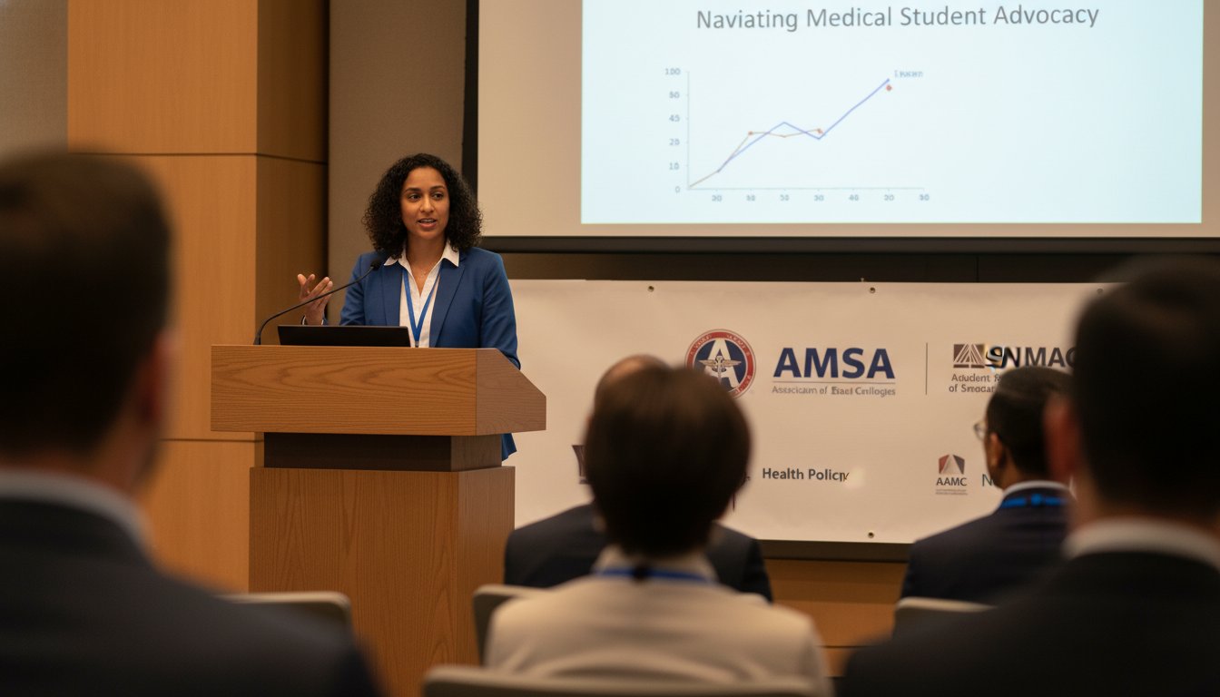 Medical student speaking at a health policy event -  for How PDs Quietly Weigh AMSA vs SNMA vs AAMC on Your Application