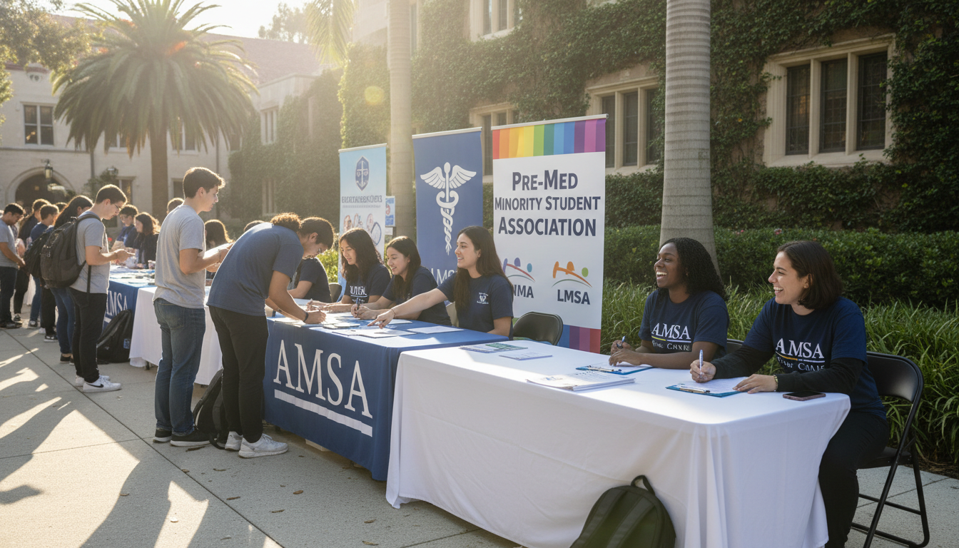 Premed students at a campus organization fair -  for How PDs Quietly Weigh AMSA vs SNMA vs AAMC on Your Application