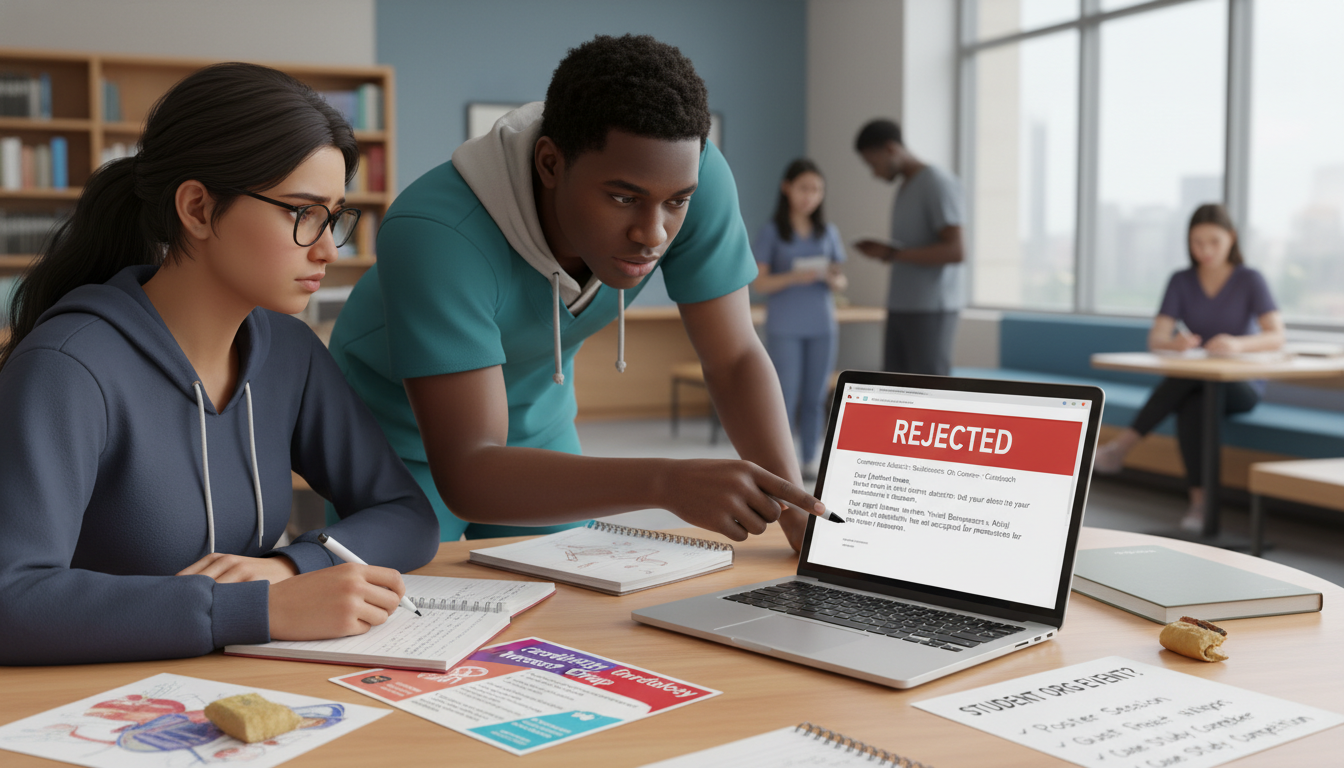 Medical student reviewing a rejected conference abstract and planning with a student organization Medical student reviewing a rejected conference abstract and planning with a student organization - for If Your Conference A