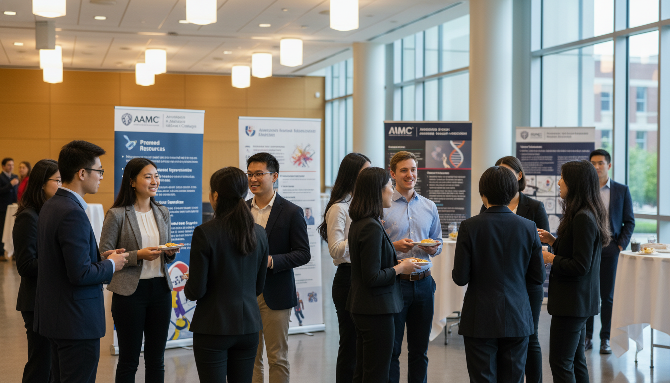 Premed students from diverse backgrounds networking at a campus event Premed students from diverse backgrounds networking at a campus event - for International or Post‑Bacc Student: Plugging Int
