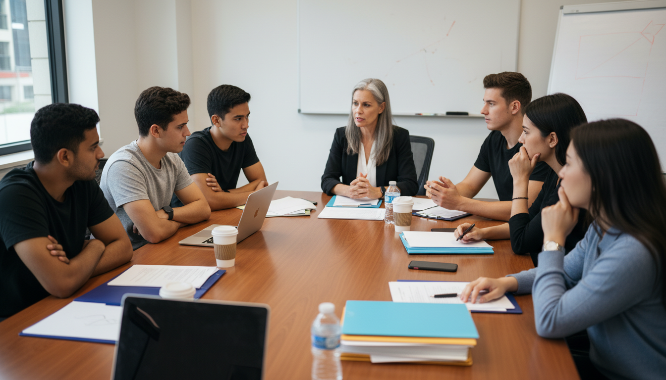 Medical students in a tense meeting with a faculty advisor -  for Managing Student Org Conflict: Protecting Your Reputation W