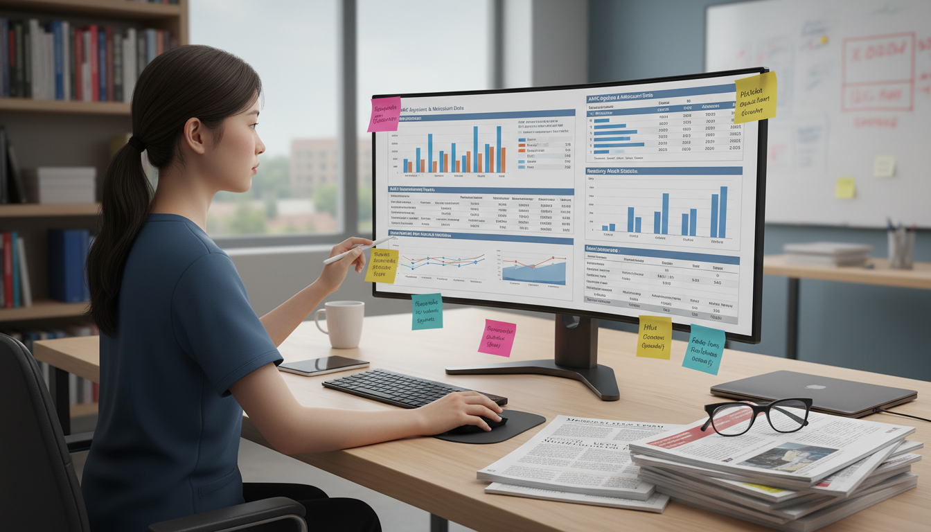 Medical student analyzing national medical education datasets -  for Maximizing AAMC Data Tools for Pre‑Med and MS1 Research