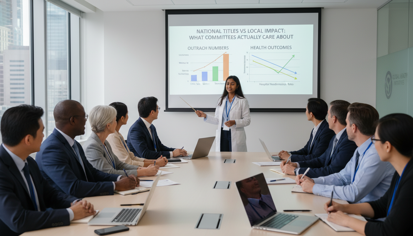 Medical student presenting community health impact data -  for National Titles vs Local Impact: What Committees Actually Care