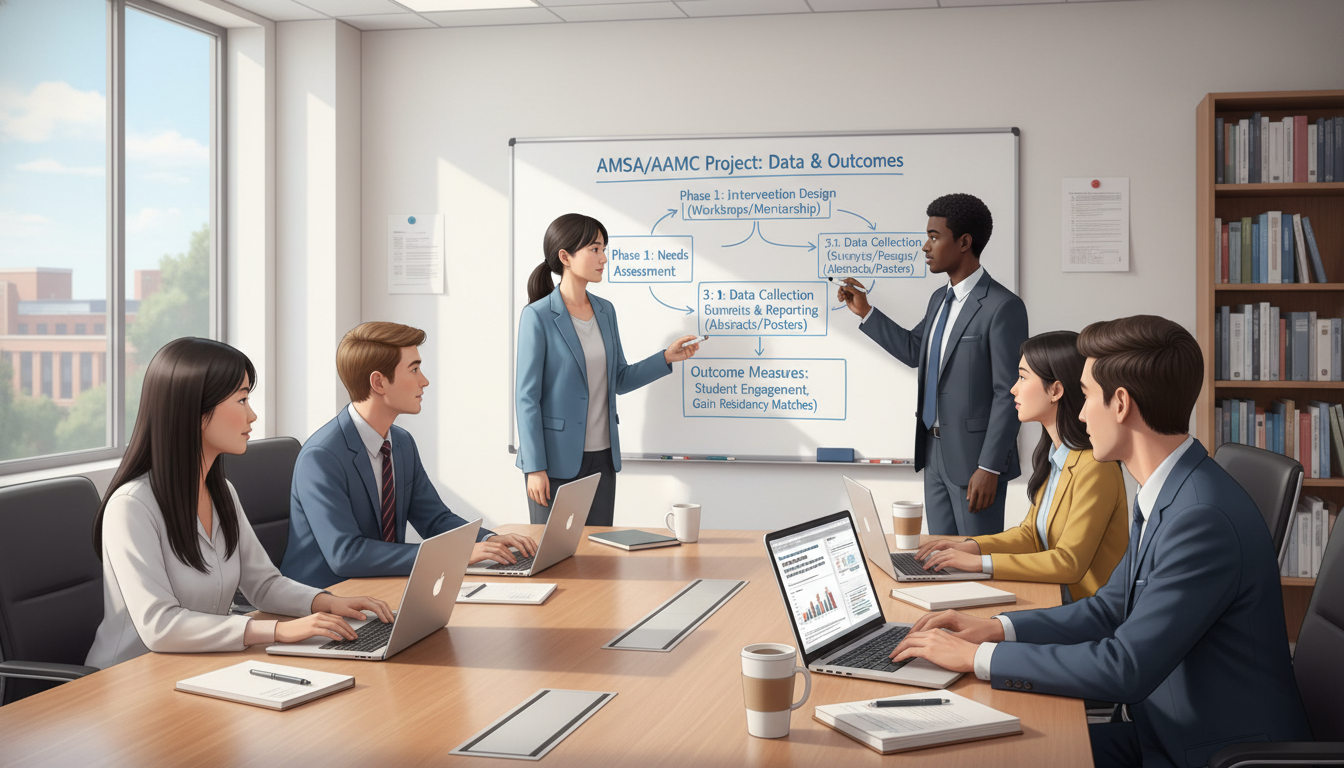 Medical students collaborating on a structured AMSA project -  for No Research? Use AMSA and AAMC Projects to Build Academic