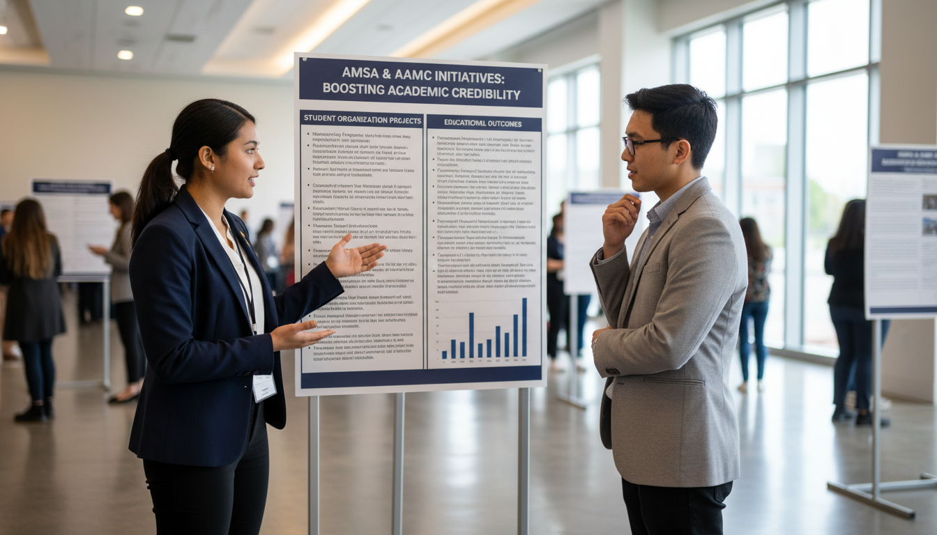 Student presenting a poster at an AAMC-related conference -  for No Research? Use AMSA and AAMC Projects to Build Academic Cr