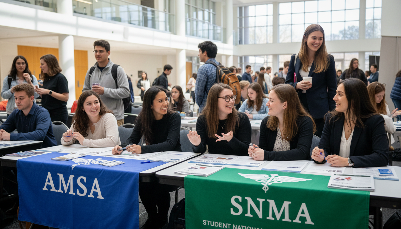 Diverse premed students networking at a campus [AMSA and SNMA](https://residencyadvisor.com/resources/student-organizations/t