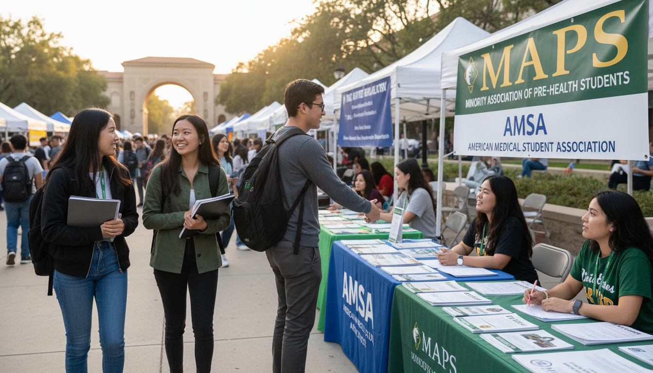Premed students checking student organization tables at a campus fair -  for Pre‑Med With No Mentors? Use AMSA and SNMA to Bu