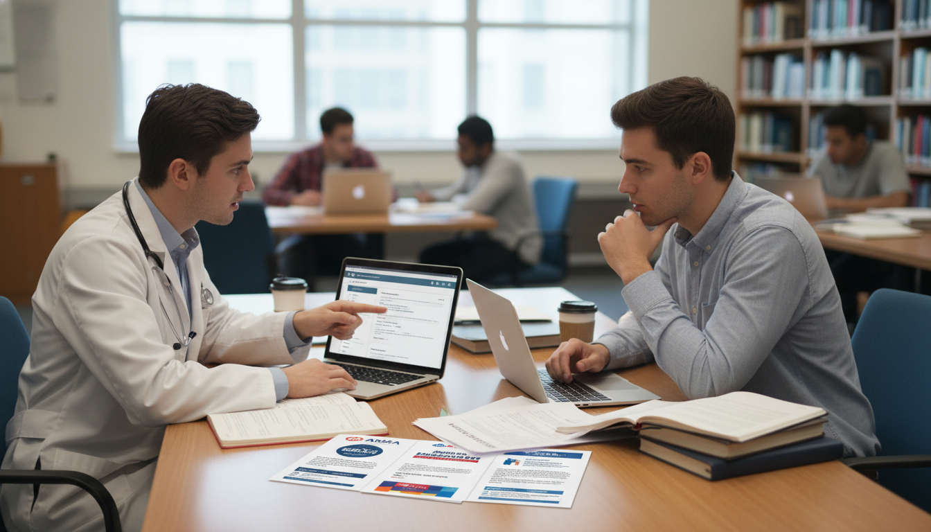 Medical student mentoring a premed student in a campus study space -  for Pre‑Med With No Mentors? Use AMSA and SNMA to Build
