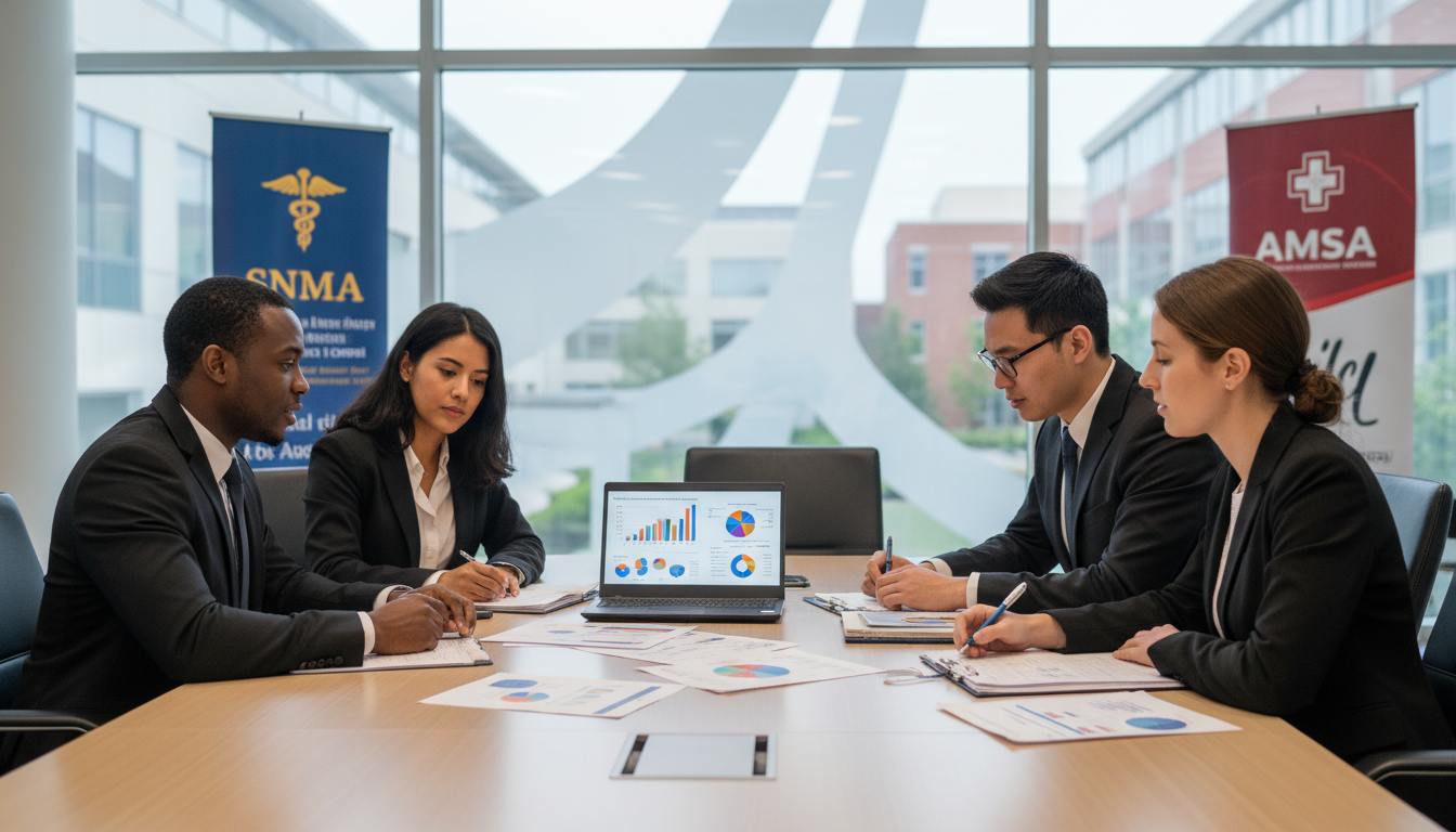 Diverse group of medical student leaders analyzing specialty choice data -  for Specialty Choice Patterns Among SNMA and AMSA