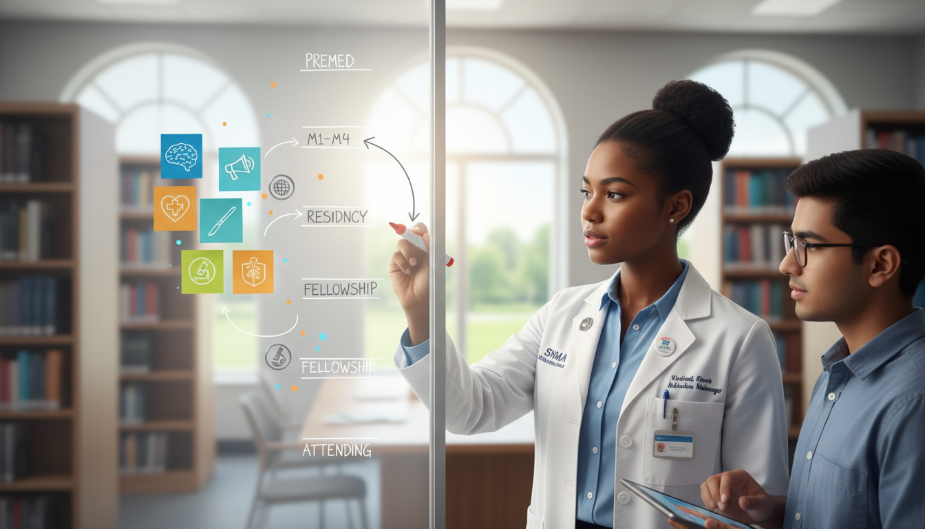 Timeline of medical education and specialty milestones with leadership overlay -  for Specialty Choice Patterns Among SNMA an