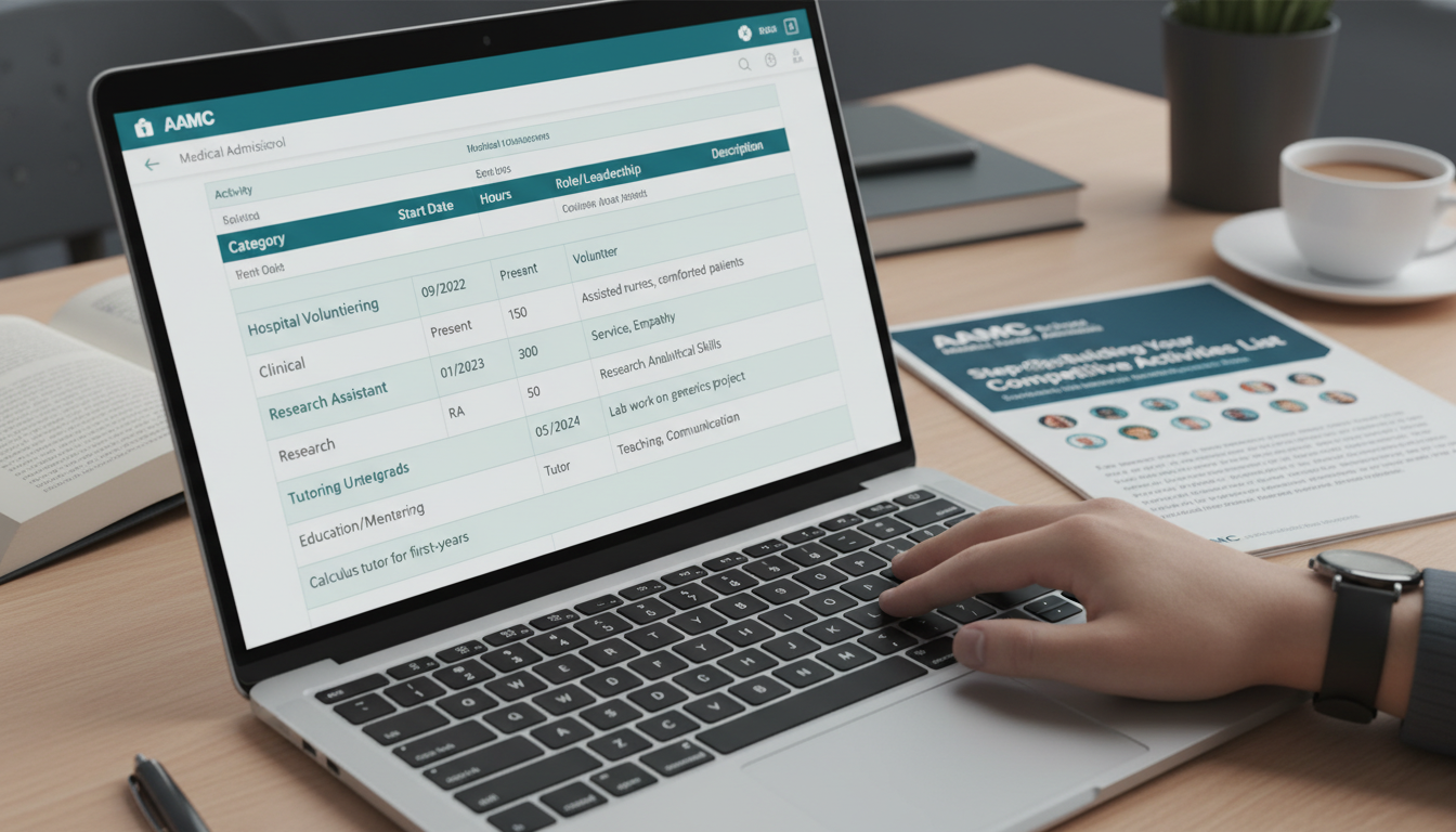 Student updating AMCAS-style activities tracker -  for Step‑by‑Step: Using AAMC Resources to Build a Competitive Activities L