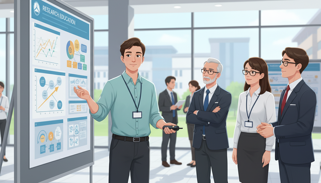 Student presenting a research poster to faculty at a medical education conference -  for The AAMC Committees Insiders Use to