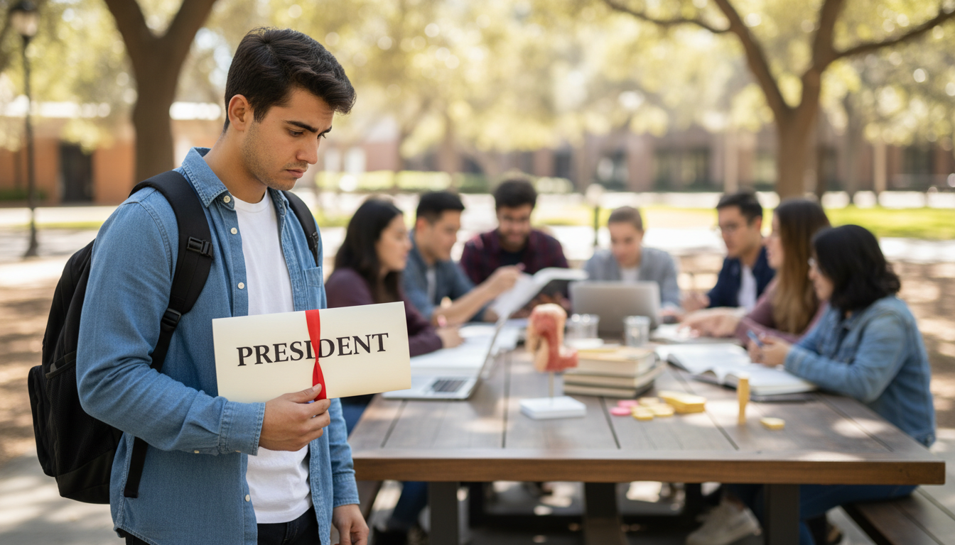Premed student holding a fancy club title on paper that is fading while real work happens in the background -  for The Shadow