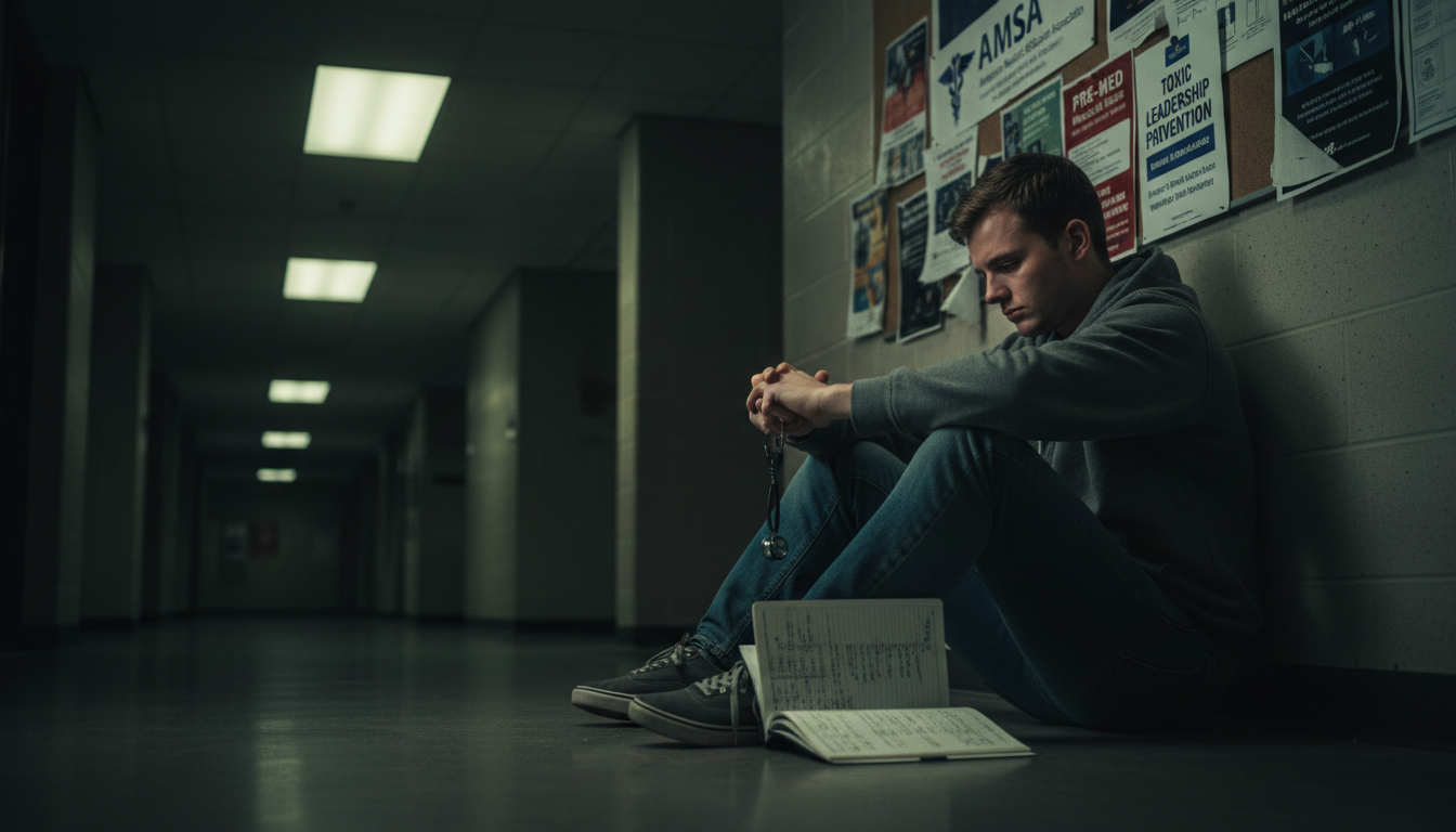 Stressed premed student sitting alone after student organization meeting -  for The Toxic Leadership Traps in AMSA That Quiet