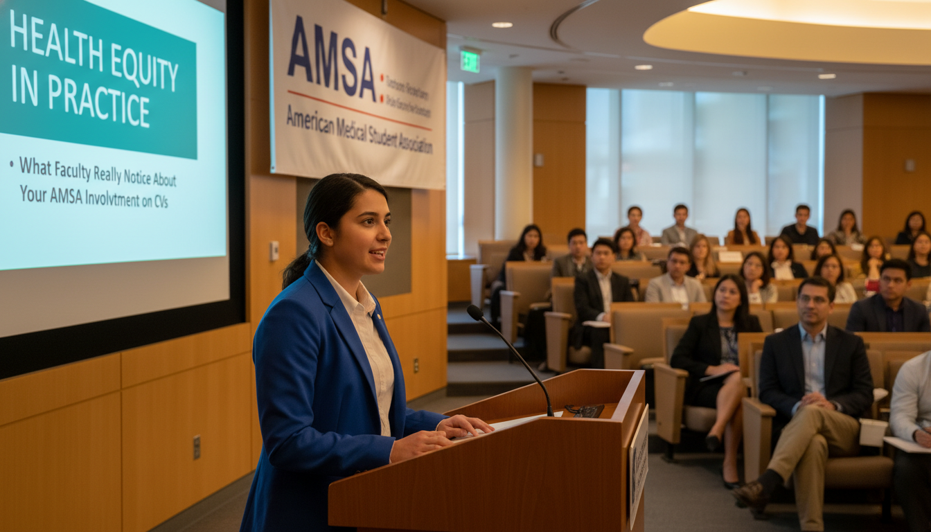 Medical student leader speaking at an AMSA health equity event -  for What Faculty Really Notice About Your AMSA Involvement