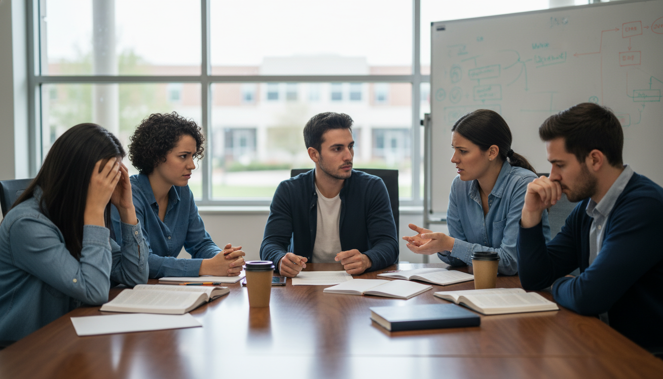 Medical students in a meeting with visible tension -  for When Student Org Drama Follows You: Protecting Your Professional Im