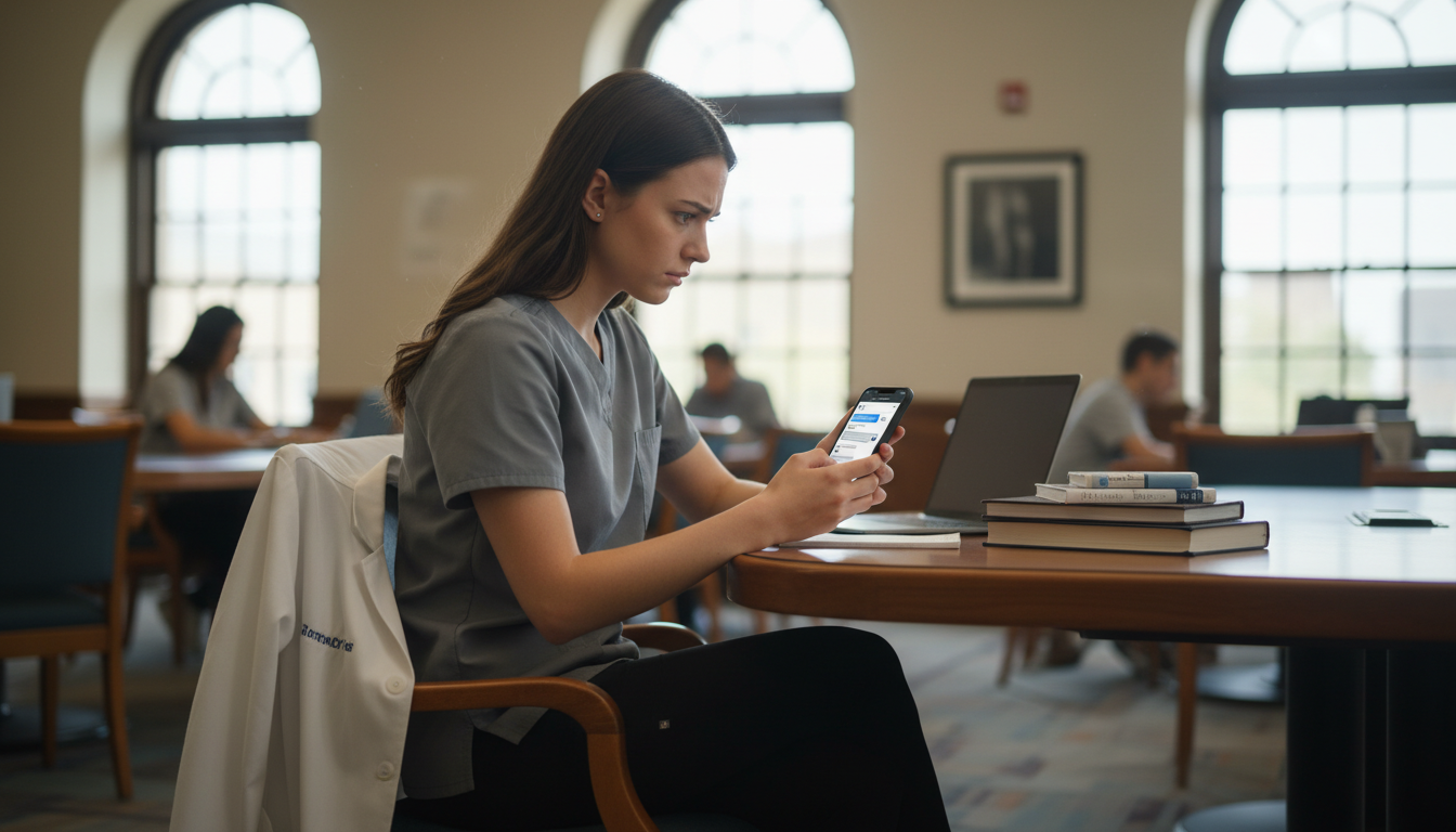 Medical student quietly reading messages with concern -  for When Student Org Drama Follows You: Protecting Your Professional