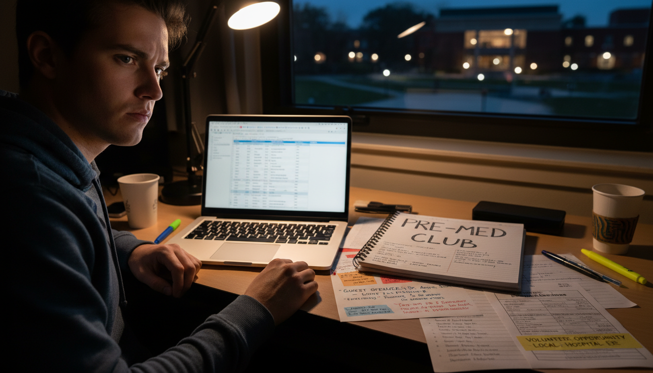 Anxious premed student reviewing their club leadership experiences Anxious premed student reviewing their club leadership experiences - for Worried Your Club Looks Fake or ‘Fluffy’? Making It