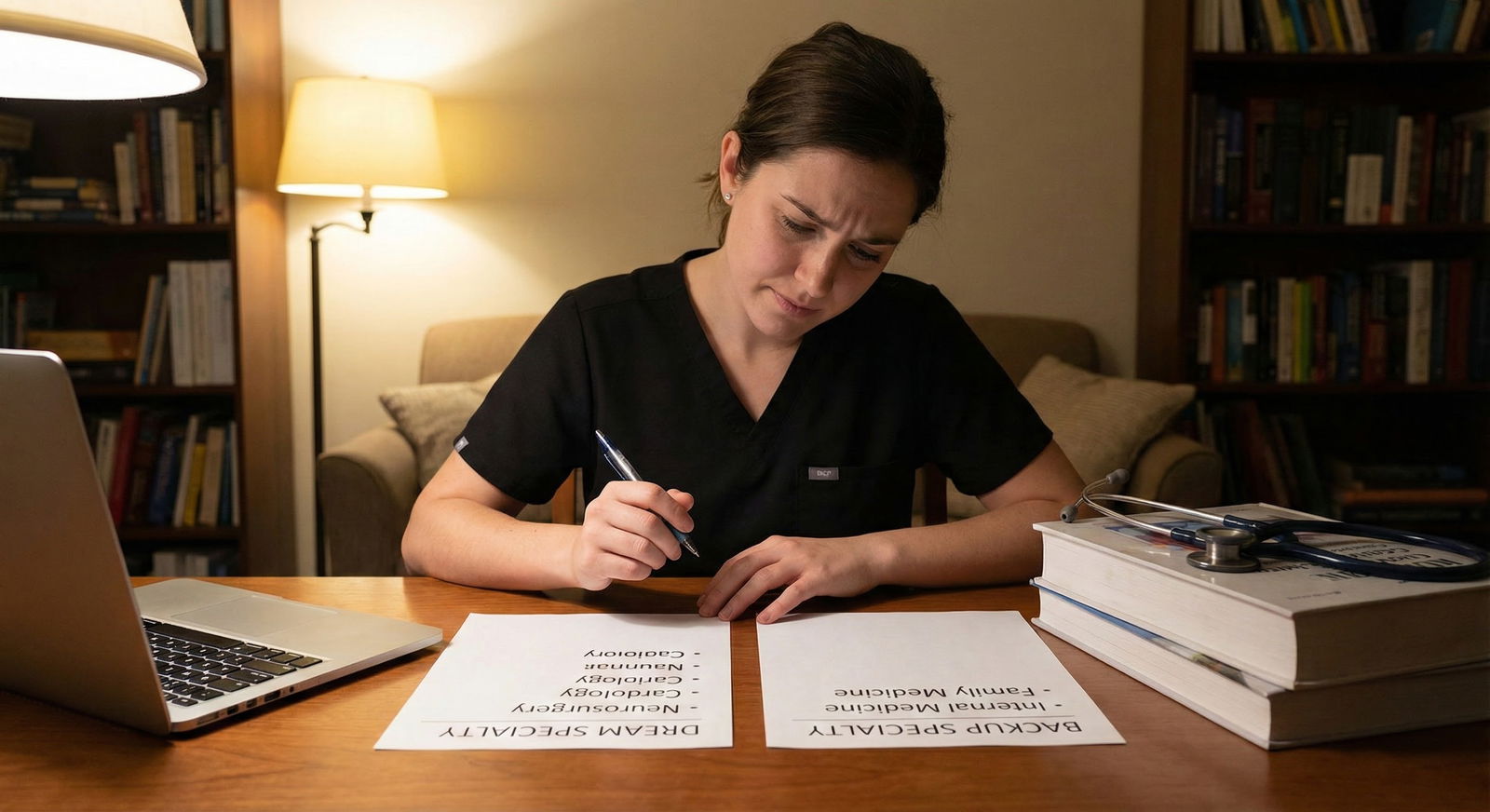 Medical resident reviewing residency program applications late at night -  for How Many Competitive Specialties Can I Realist