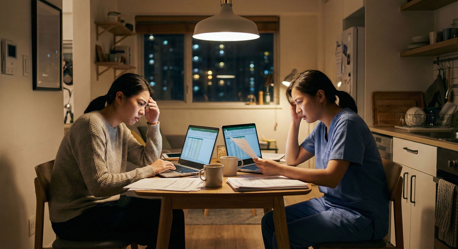 Anxious couple reviewing their residency rank list late at night -  for Worried Our Rank List Is Too Short as a Couple: Are W