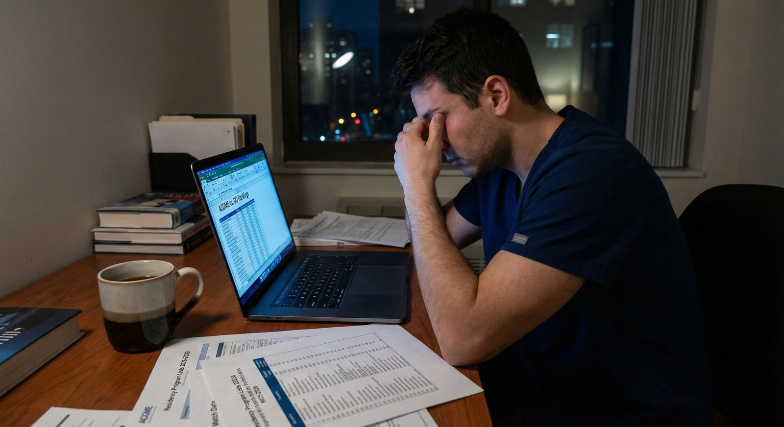 Anxious DO student reviewing residency rank list on laptop at night -  for I’m a DO Ranking Mostly ACGME: How Worried Should