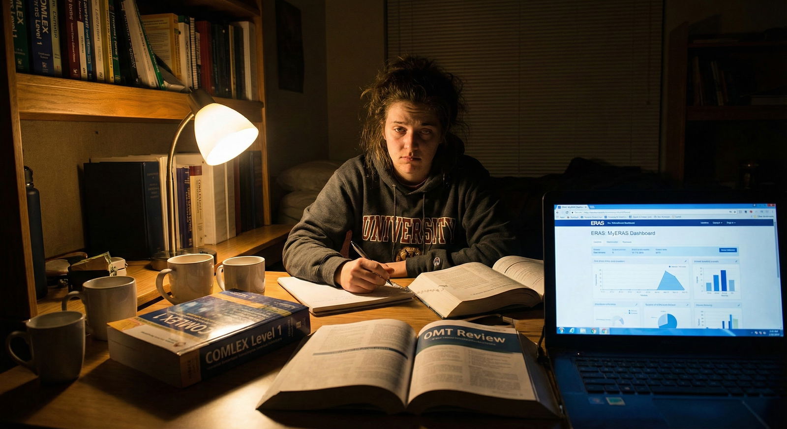 Anxious DO student studying late, laptop open to residency application portal Anxious DO student studying late, laptop open to residency application portal - for What If I Only Took COMLEX as a DO? Real