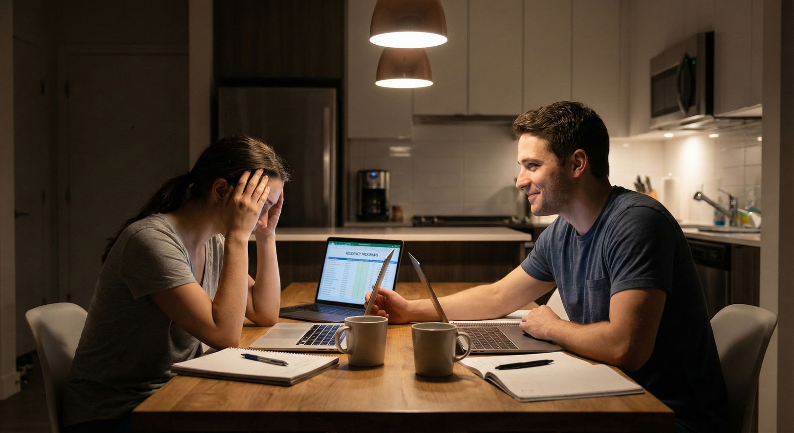 Medical couple celebrating Match Day results together with envelopes -  for Is It Ever Smarter Not to Couples Match Even if W