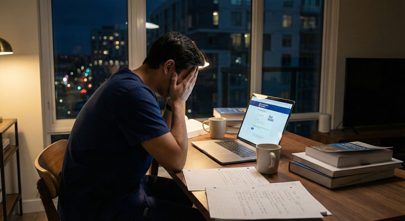 Anxious medical student sitting with laptop at night worrying about residency applications -  for I Took a Mental Health Leav
