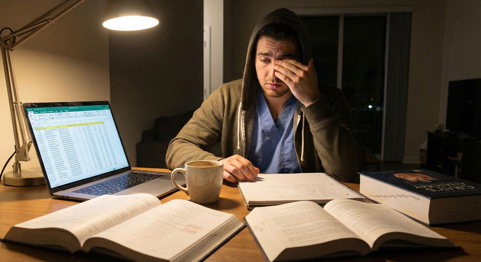 Anxious medical student staring at a laptop with application spreadsheets -  for Obsessing Over Numbers: How to Stop Second-G