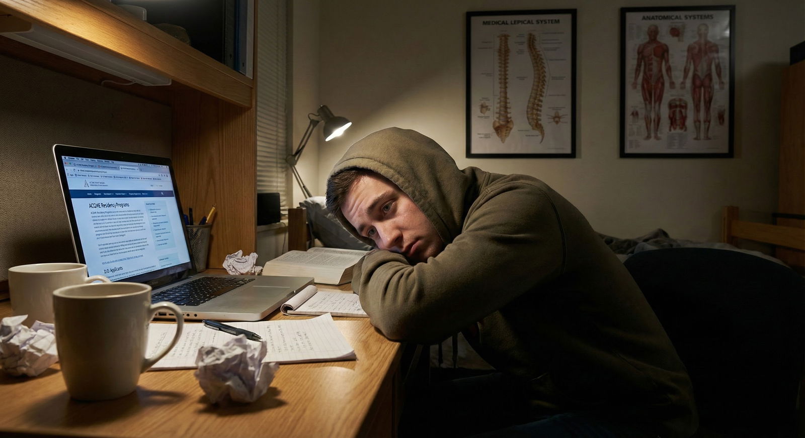 Anxious osteopathic medical student studying late at night -  for I’m a DO Without MD Mentors: Will ACGME Programs Take Me Se