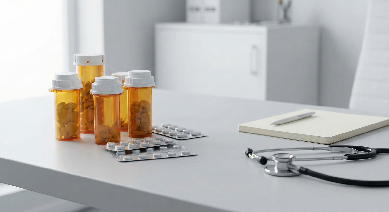 Assorted prescription medication bottles on a clinical desk -  for Should I Take Medications for Test Anxiety Before High-Sta