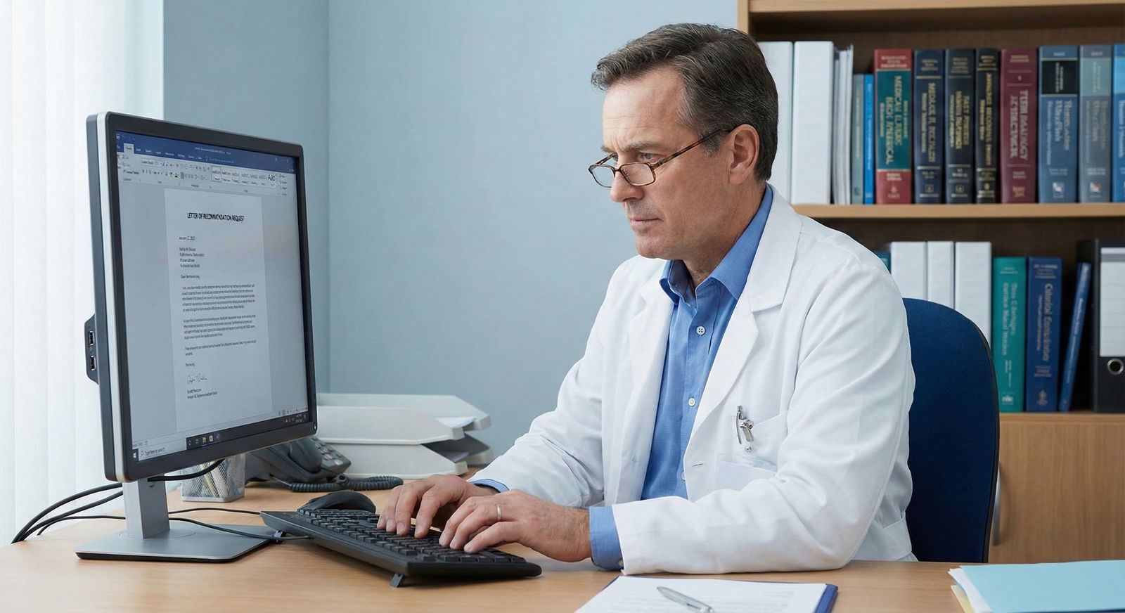 Attending physician dictating a letter of recommendation in hospital office -  for Crafting IMG LOR Request Packets: Template