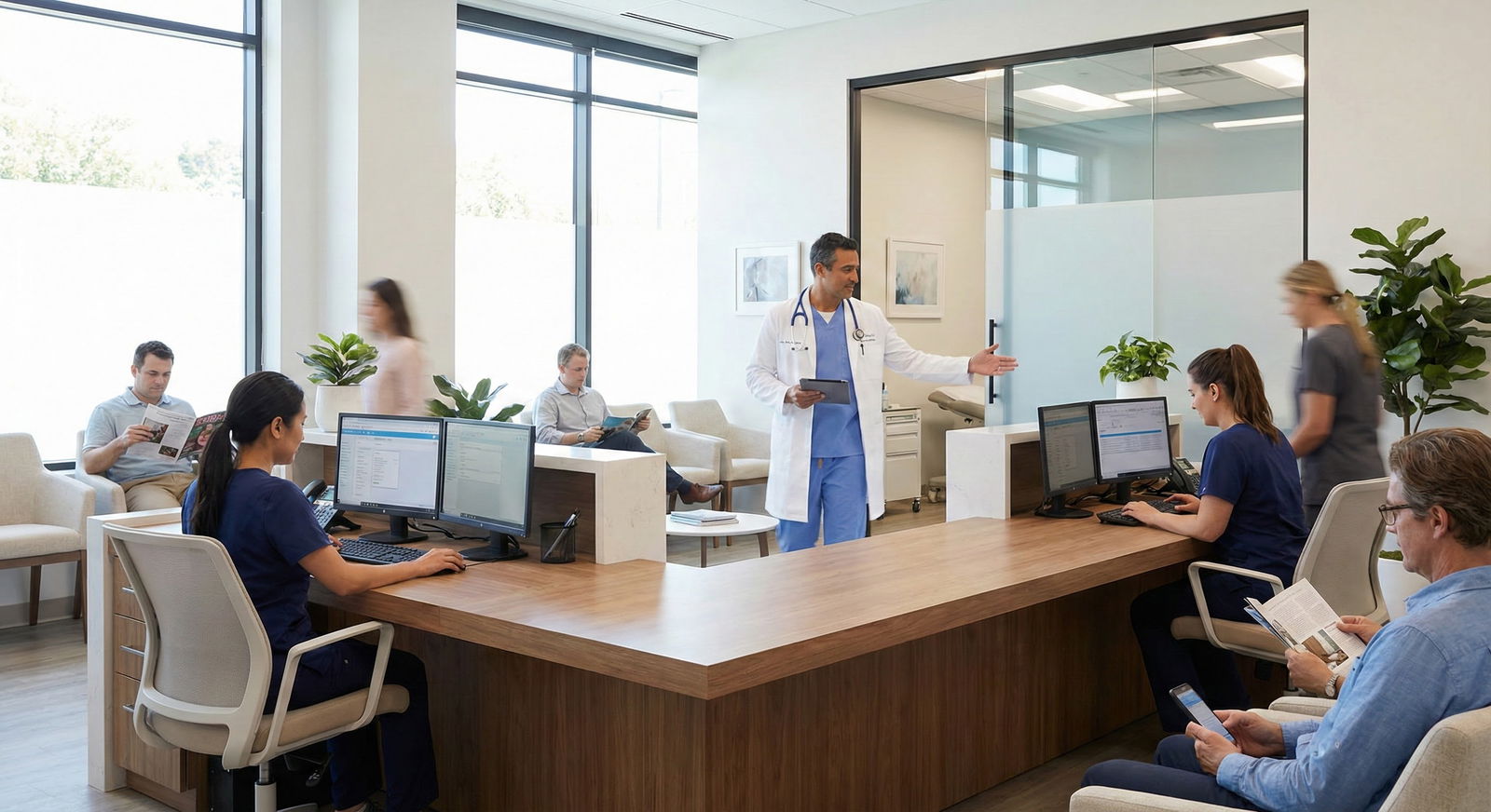 Anesthesiologist reviewing case schedule in hospital control room -  for Hospital-Based vs Office-Based Anesthesia Groups: Pa