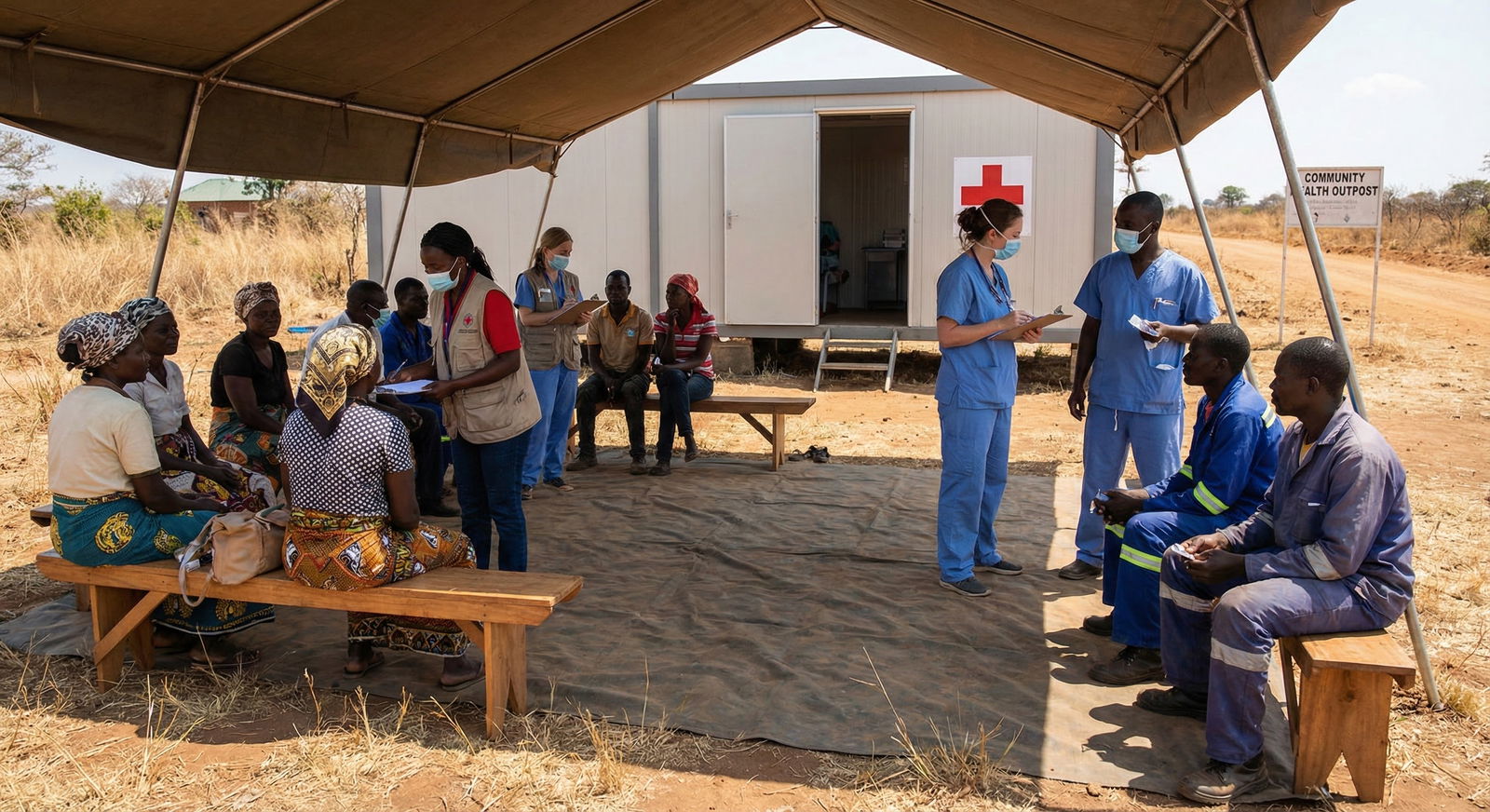 Busy waiting area outside temporary medical mission clinic -  for Ethical Decision-Making Frameworks for Trainees in Low-Reso