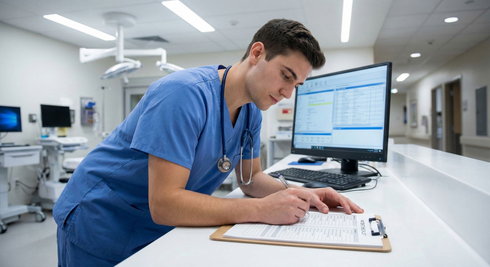 Calmer intern updating a structured patient list on a clipboard -  for What If I Can’t Keep Up? Organization Strategies for S