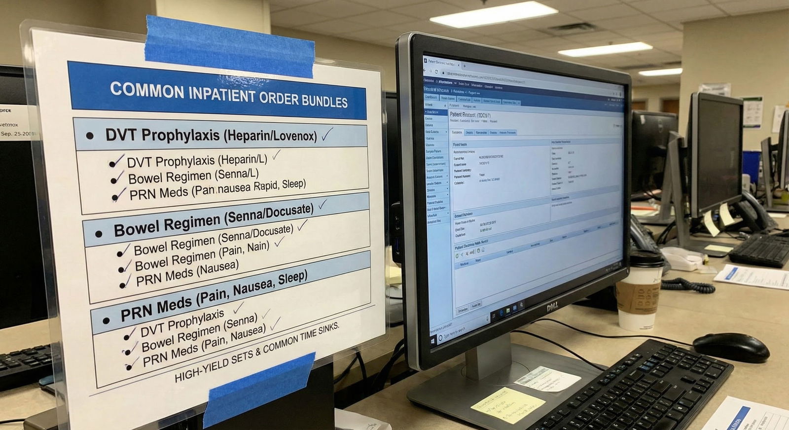 Checklist of high-yield inpatient orders taped beside workstation -  for Order Entry for Interns: High-Yield Sets and Common