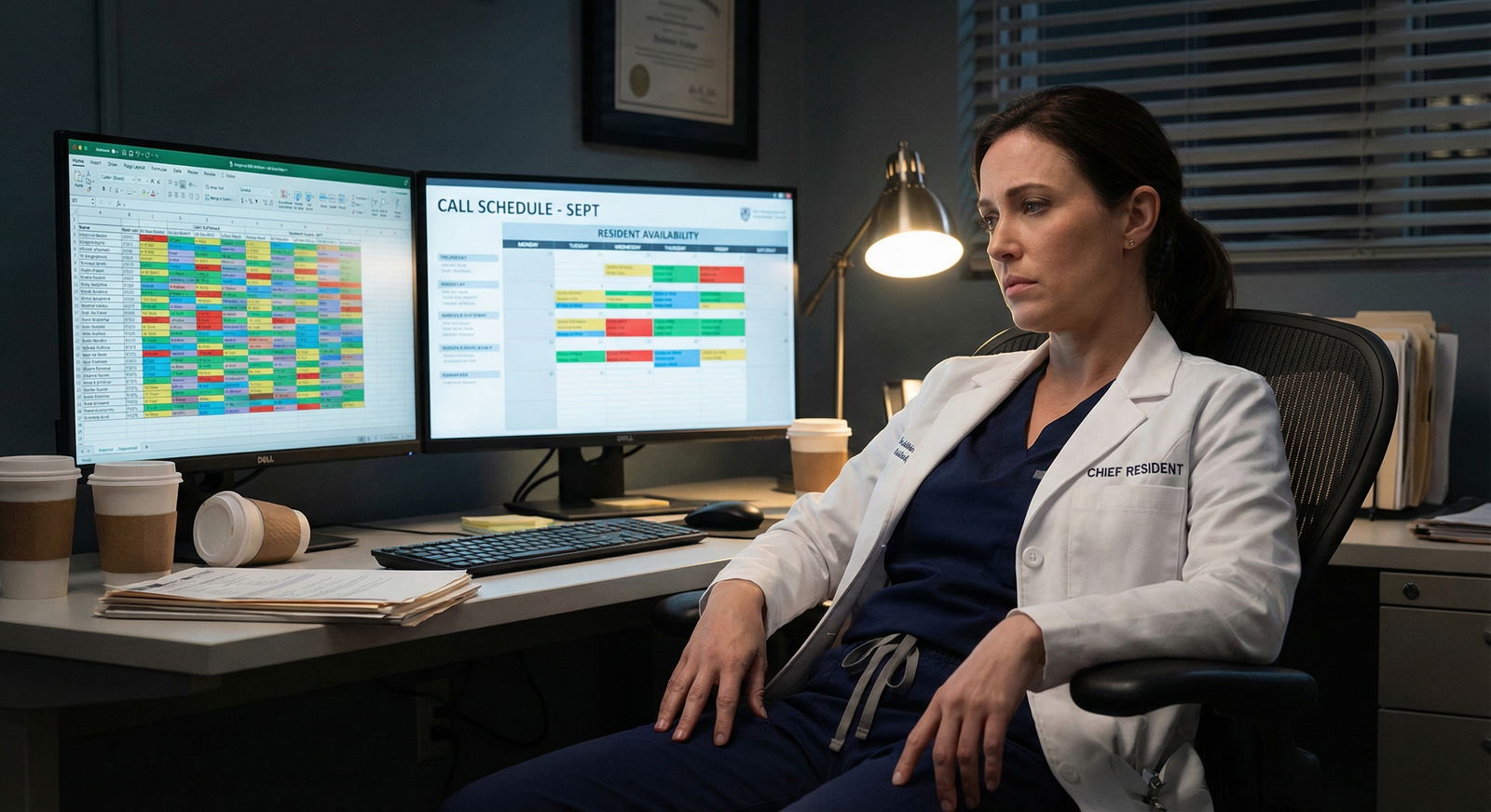 Chief resident at computer editing a complex call schedule late at night -  for The Real Politics of Call Schedules for Resid