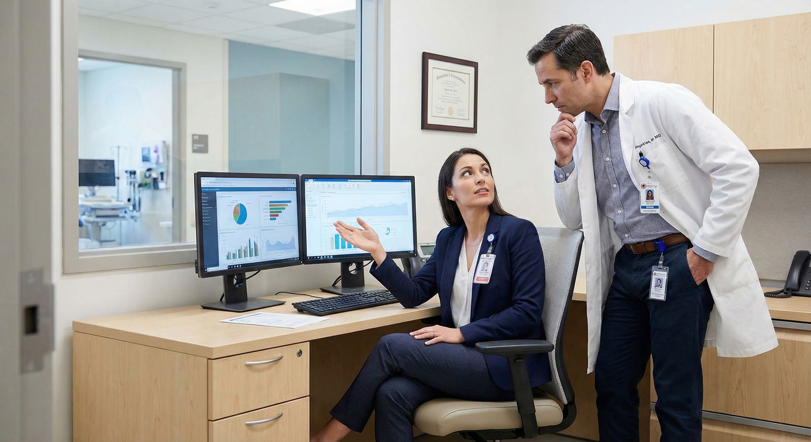 Clinical research coordinator reviewing data with attending -  for Optimizing Post-Match Clinical Experience Without Exploita