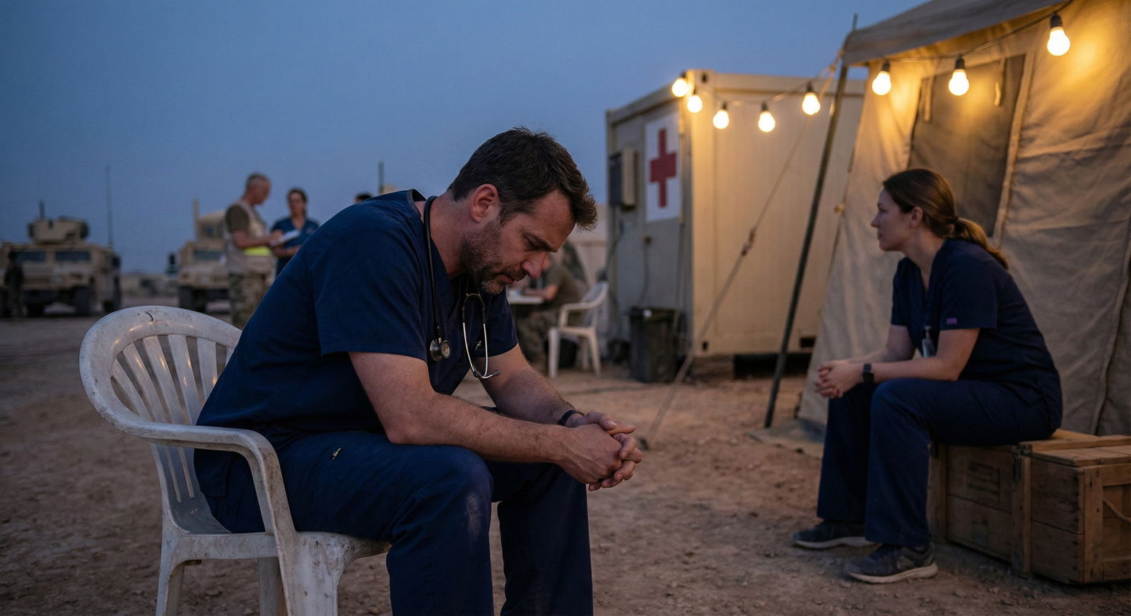 Medical volunteer sitting outside rural clinic at sunset, looking reflective and conflicted -  for An Organization Invited Me
